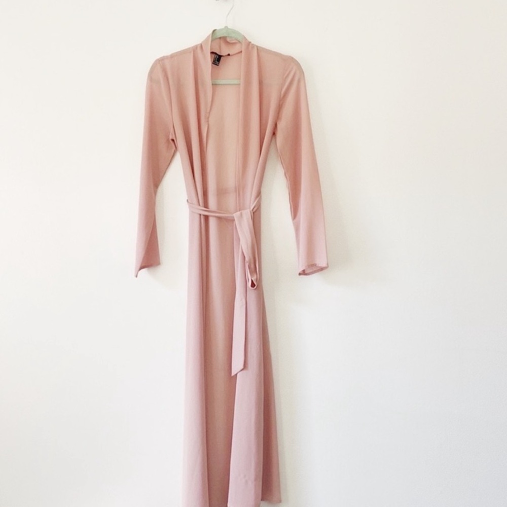 Forever 21 Sheer Pink Blush Maxi Duster Jacket Tie Front Small